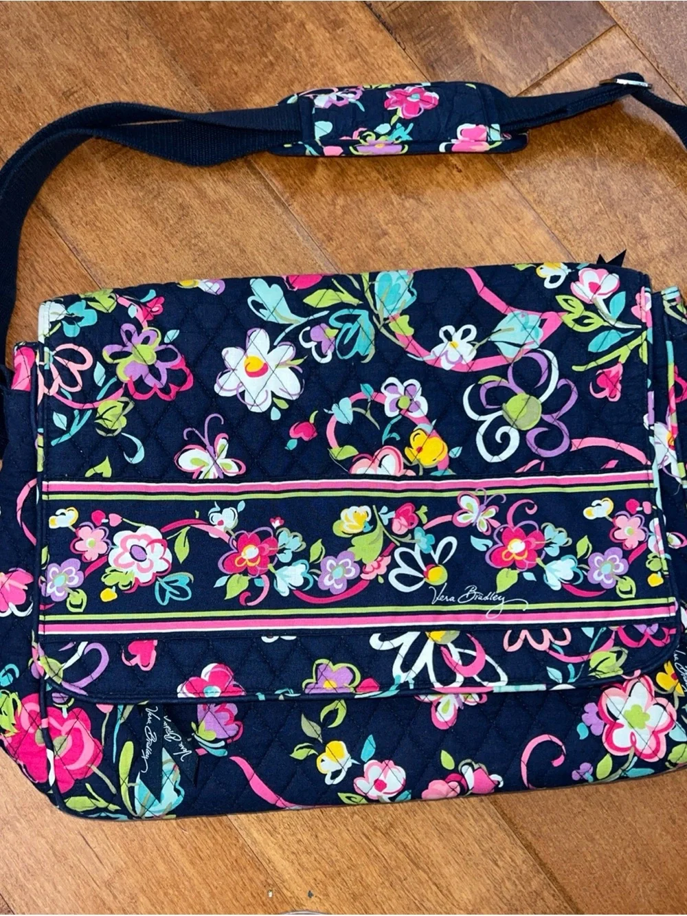 Vera Bradley Navy Floral Quilted Crossbody Bag with Pink & Green Accents